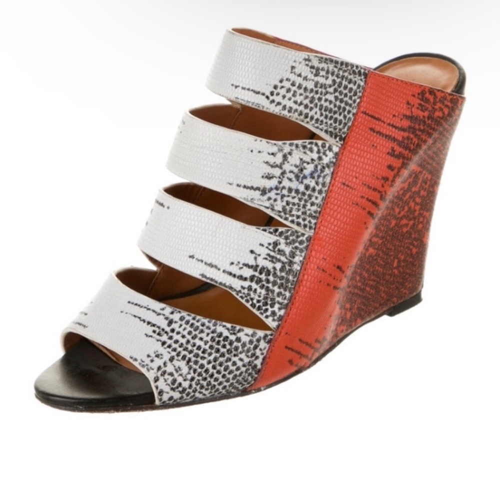 Rebecca Minkoff Skylar Leather Wedge Mule Women Sz 7 M White/Orange Snakeprint